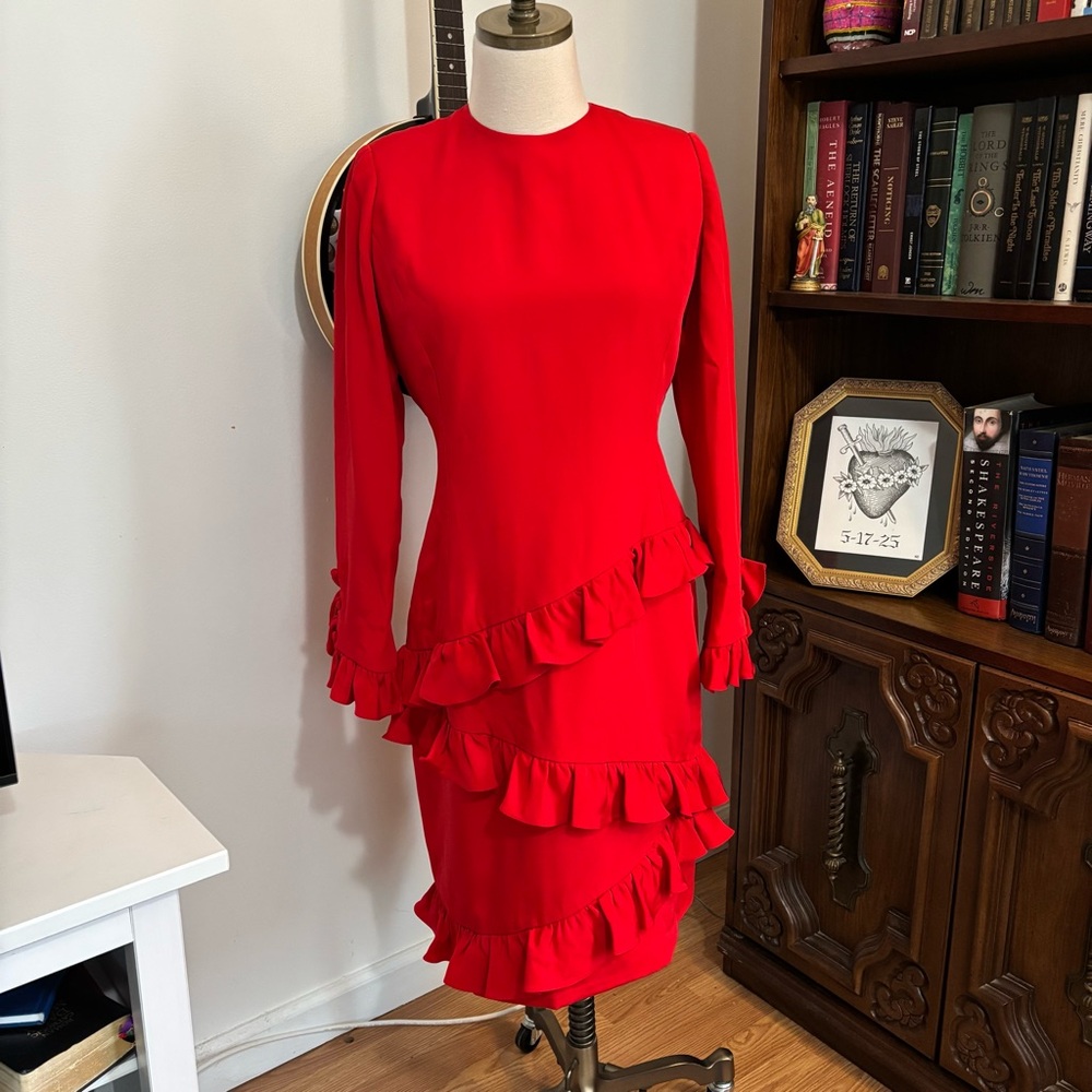 CAROLINE HERRERA VTG 1980s Silk Red Ruffle Mini Dress Cocktail Wedding  SZ 10